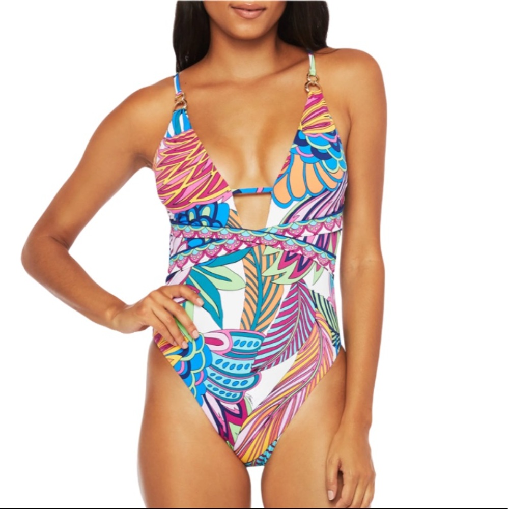 Trina Turk Paradise Plume Keyhole Halter One Piece Swimsuit